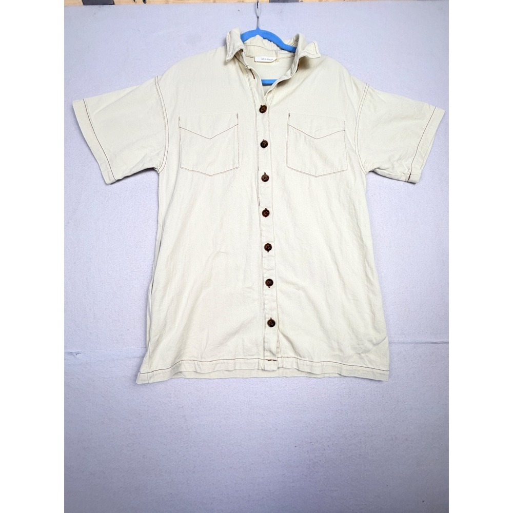 Idem Ditto Cream Denim Short Sleeve Button Down Shirt Contrast Stitch S/M